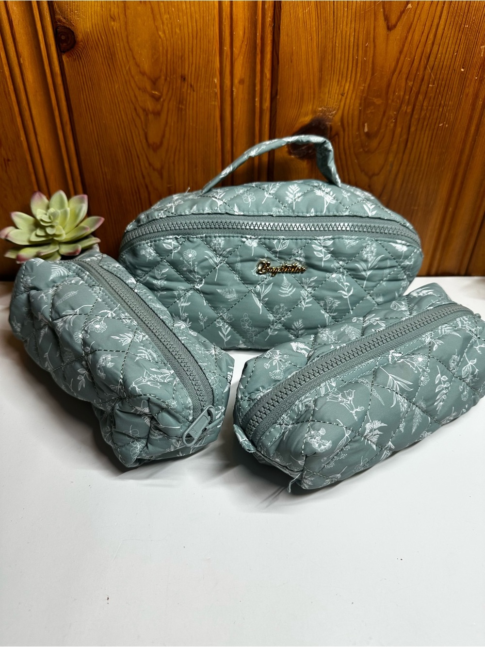 Quilted Sage Floral Cosmetic Bag Set - 3 Piece
